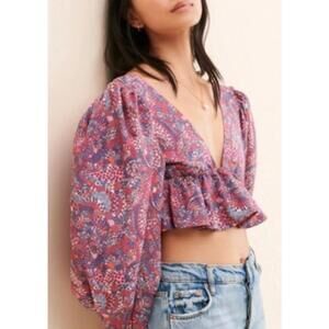 For Love & Lemons Paisley Purple Ruffle Crop Top with Tie